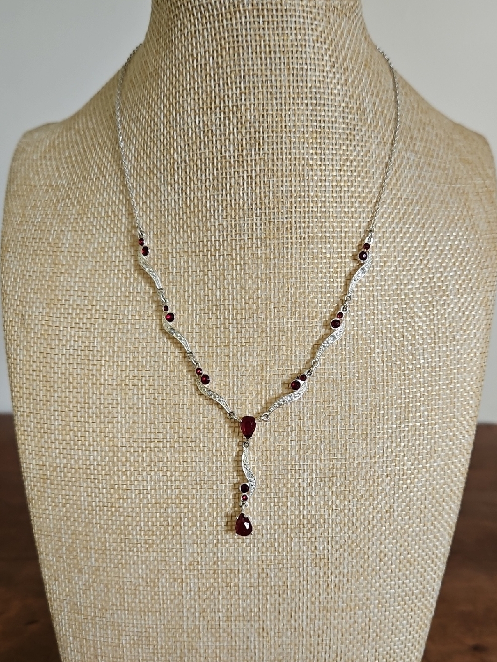 Silver-tone Red Stone Drop Necklace
